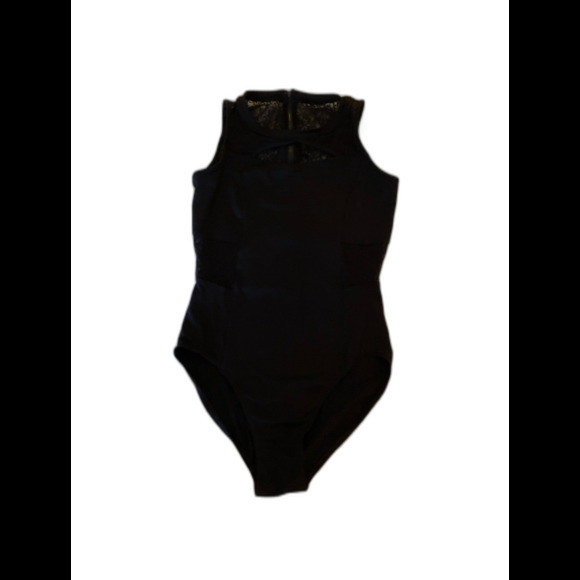 Womens Swimsuit One Piece  Size ?? Large Black w/zipper & Lace Inserts Pool - Picture 3 of 12